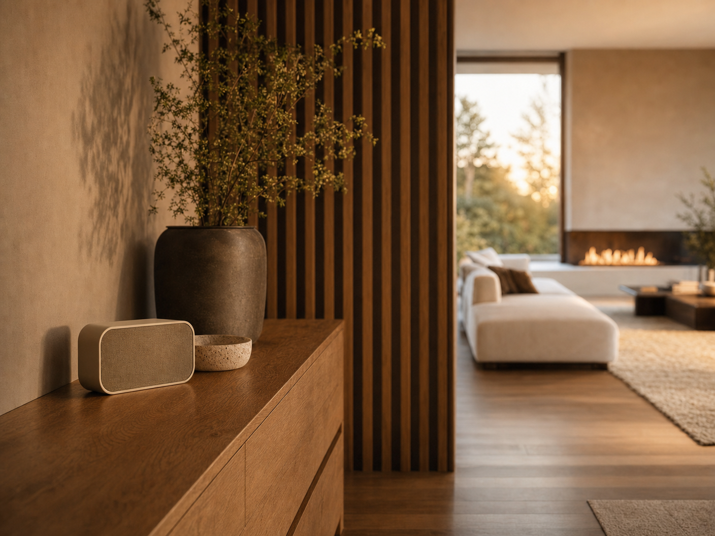 AuraSense Air Quality Monitor — Lifestyle view of air monitor in calm room