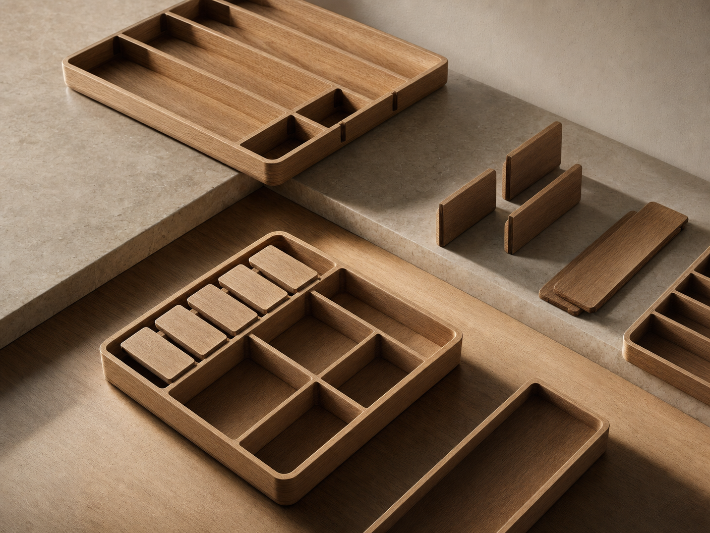 Artisan Oak Organization Collection — Close detail of warm oak organization pieces