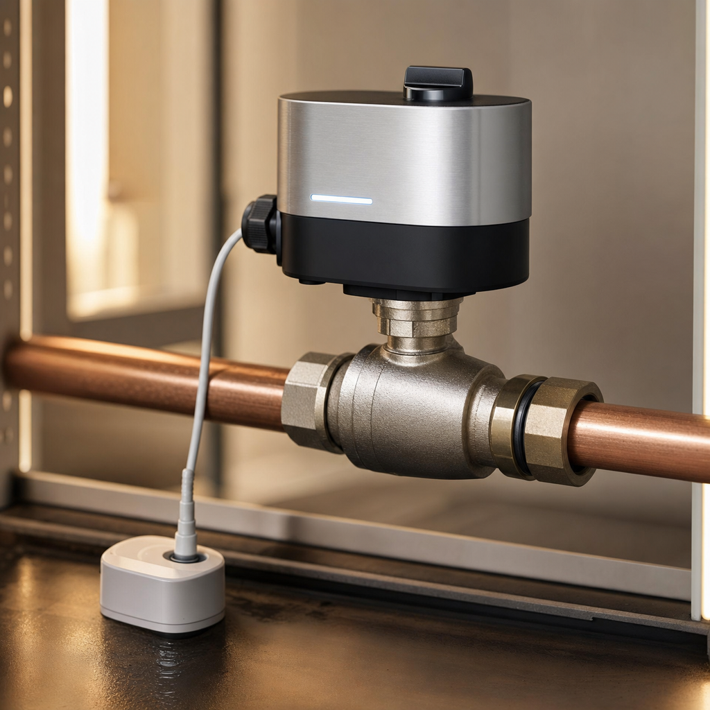 Solaro Haus refined detail: AquaShield brushed brass valve detail