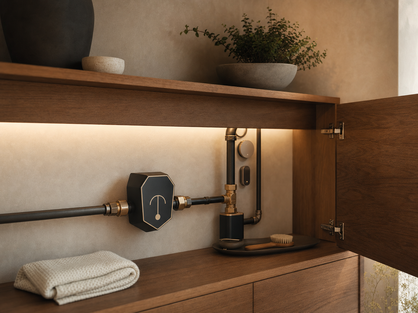 AquaShield Intelligent Valve — premium lifestyle utility-room view